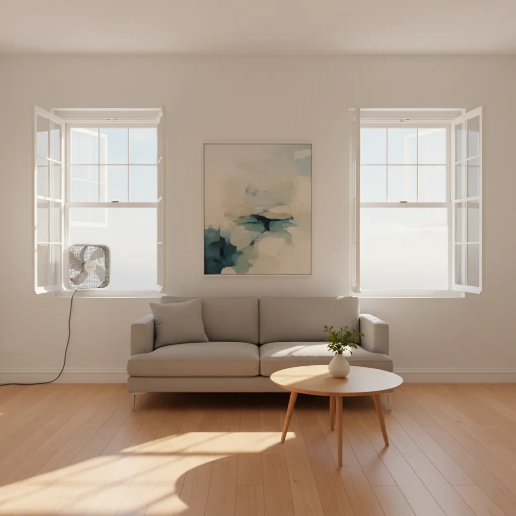 Cross ventilation setup with fan in window pushing paint fumes outside