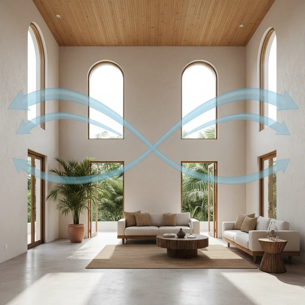 Interior view showing cross ventilation window placement in a tropical house