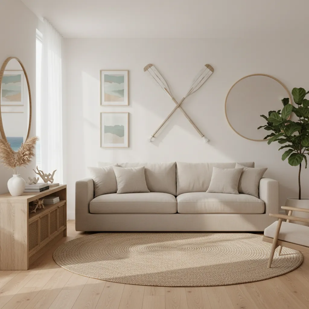 Two decorative oars crossed above a sofa in a coastal apartment