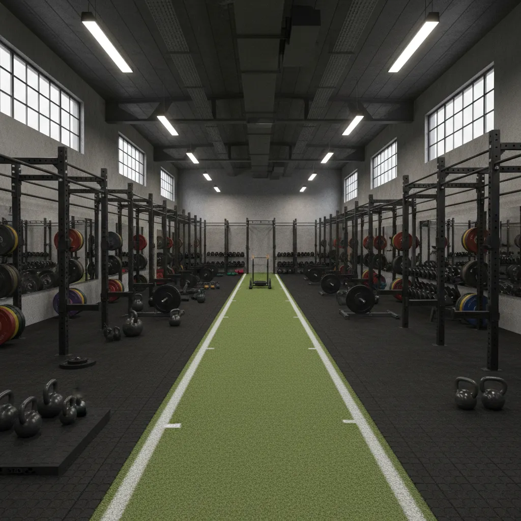CrossFit gym with green turf training lane and rubber weightlifting floor