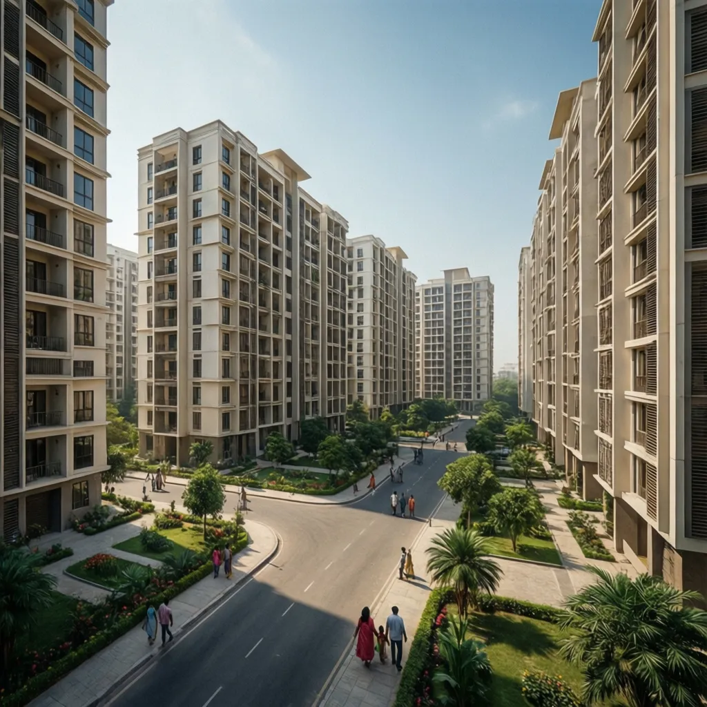 Wide view of Crossing Republik residential community with multiple apartment buildings