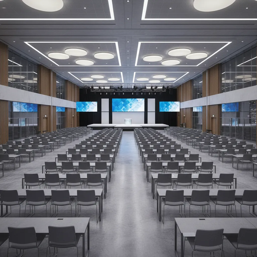 Event venue layout with clear aisles and circulation paths between seating sections