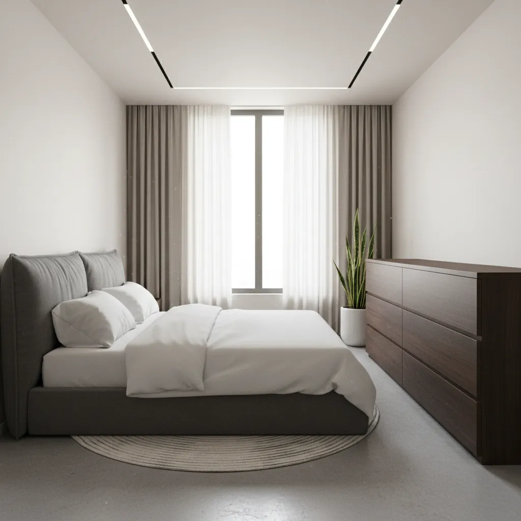 crowded 10x13 bedroom with oversized furniture and limited walking space