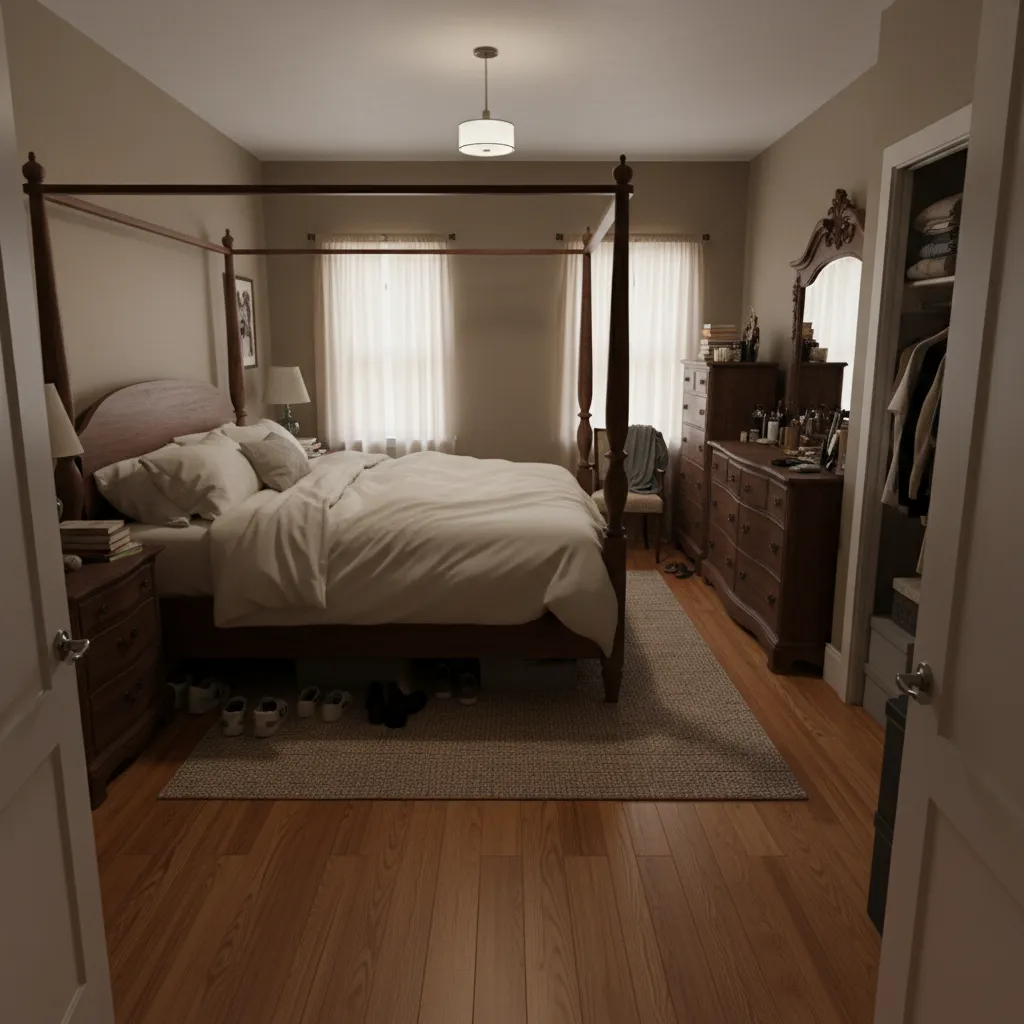 Overcrowded 12x12 bedroom with oversized bed and too much furniture