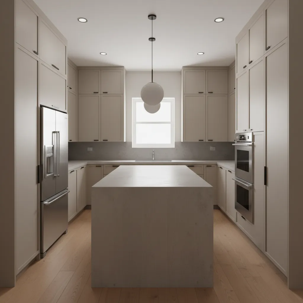 crowded 12x12 kitchen layout showing narrow walkways and oversized island