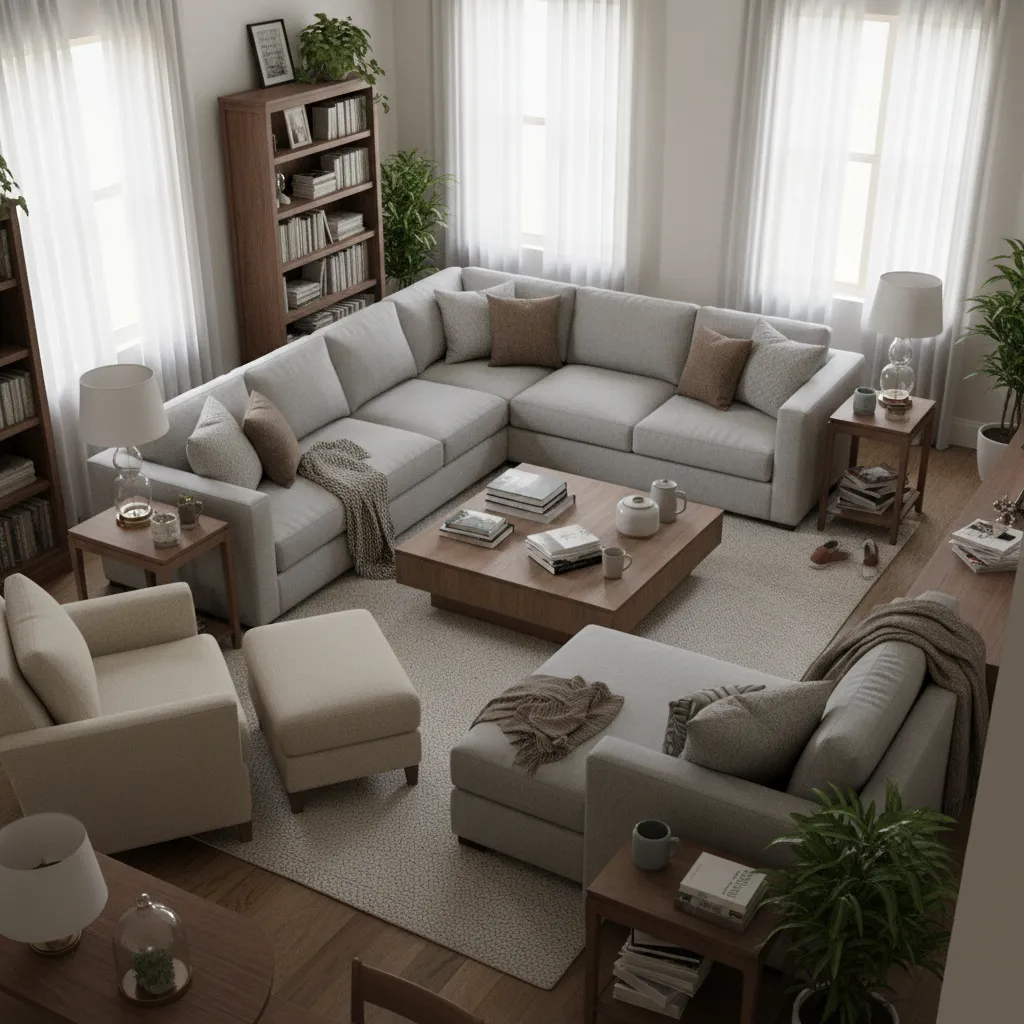 Crowded 16 x 17 living room showing oversized sofa and blocked walkways