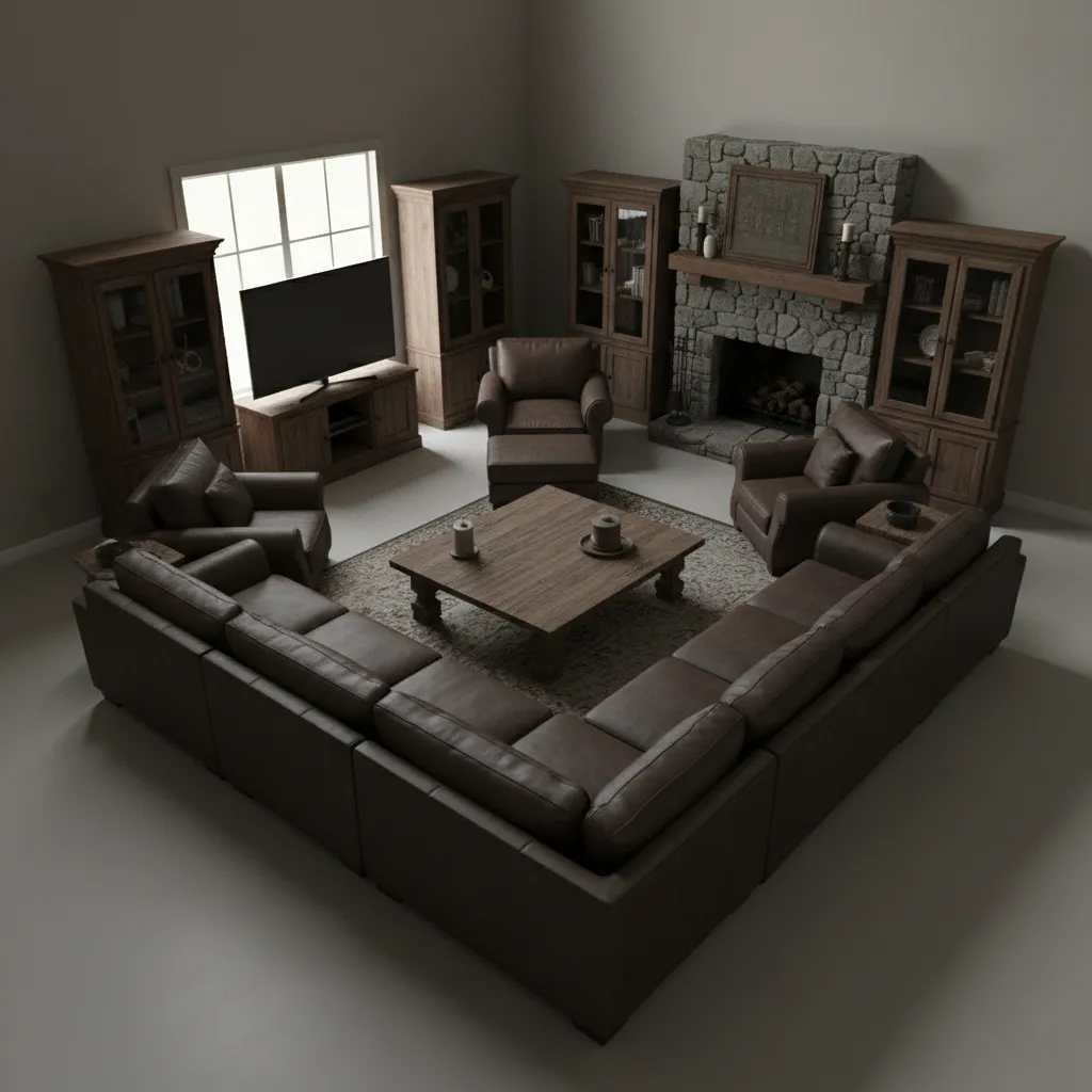 Crowded 17x17 living room with oversized sofa and cluttered furniture layout