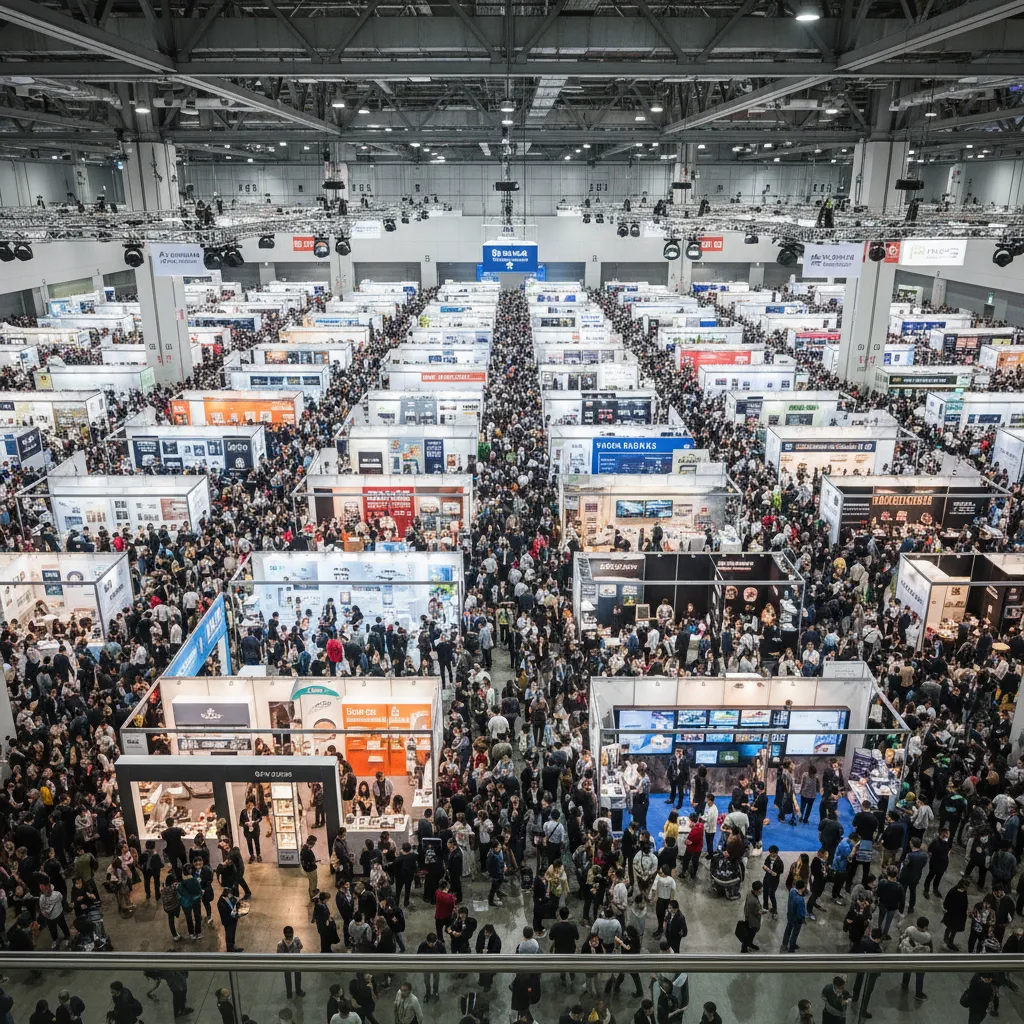crowded convention hall showing visitor congestion between booths
