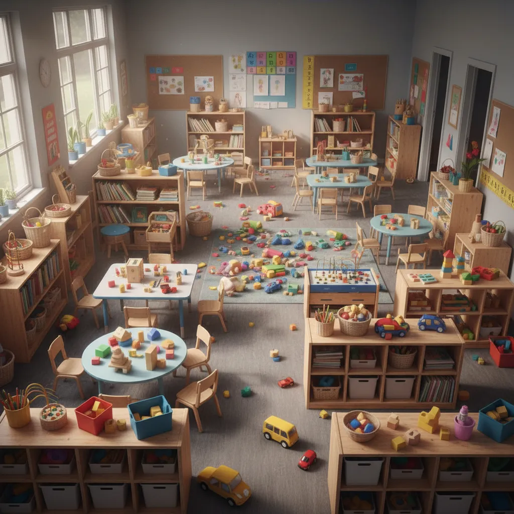 crowded daycare classroom with too much furniture and limited movement space