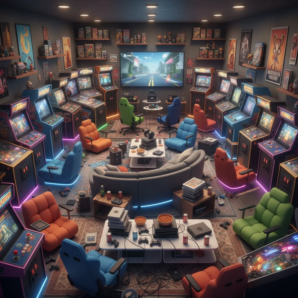 Crowded home game room with arcade machines and consoles placed too close together