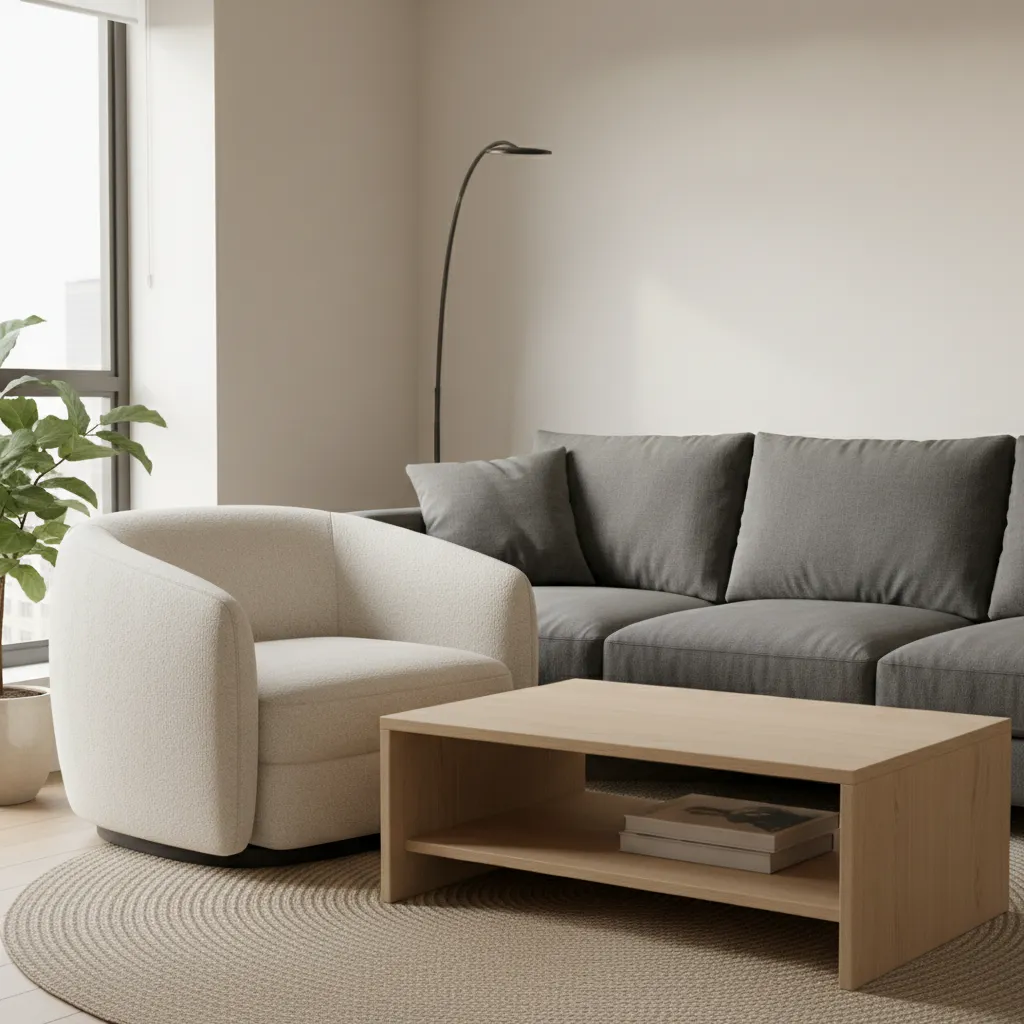 Living room scene showing a white armchair crowded next to a grey sofa and table