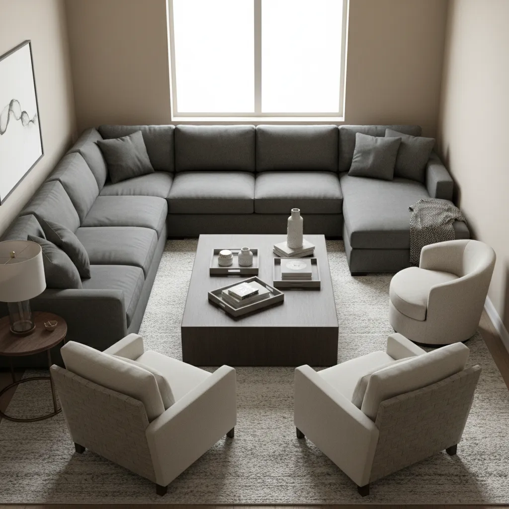 Living room overcrowded with oversized sofa and furniture