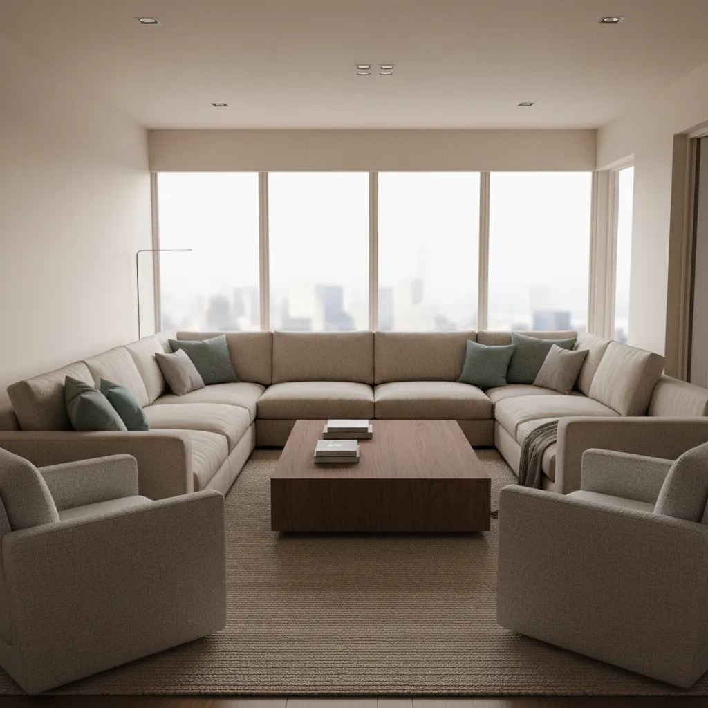 Small living room overcrowded with oversized sofa and bulky furniture