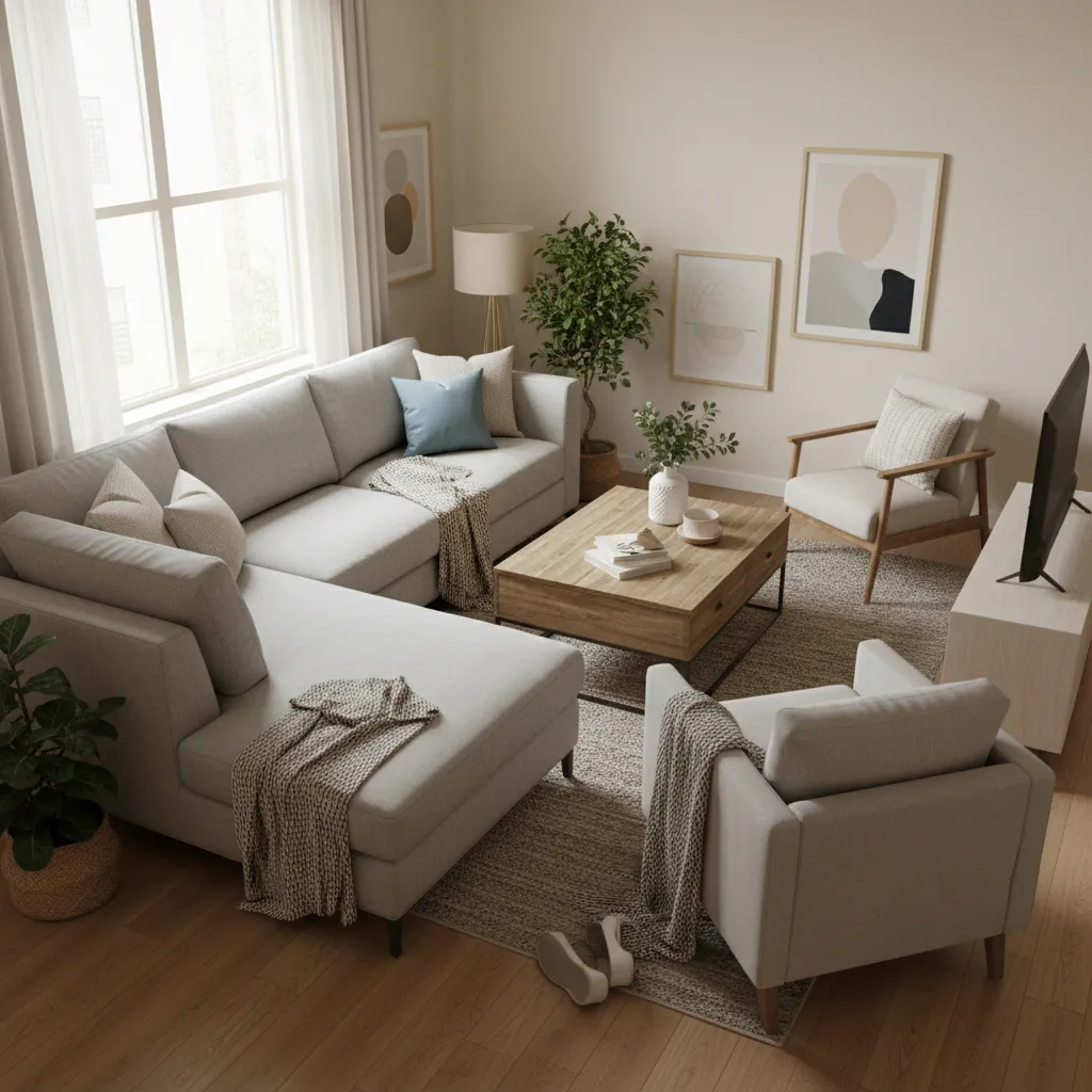 Example of living room that feels crowded due to poor furniture placement