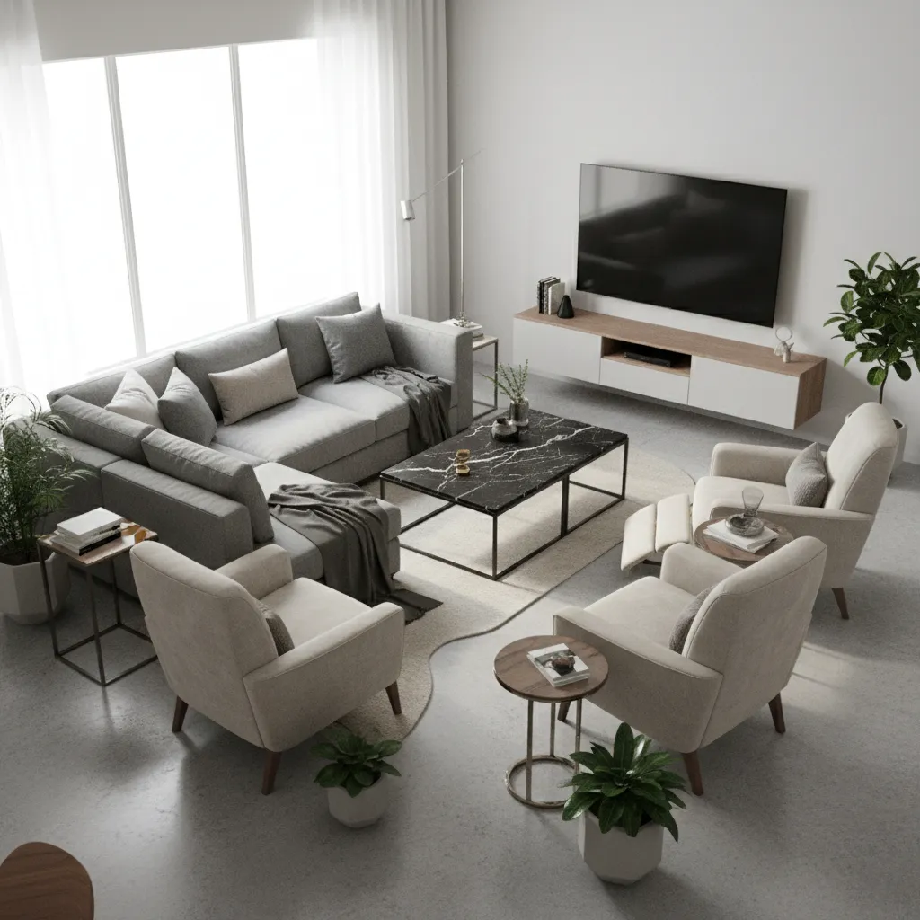 Overcrowded living room with narrow walking space showing furniture layout problem