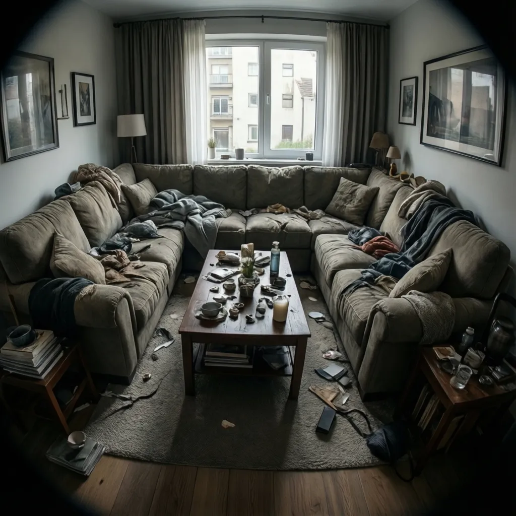 Living room with oversized furniture creating cramped layout