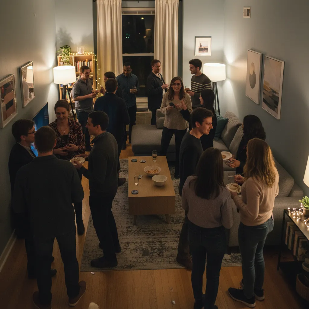 Crowded living room during a small house party with guests standing closely together