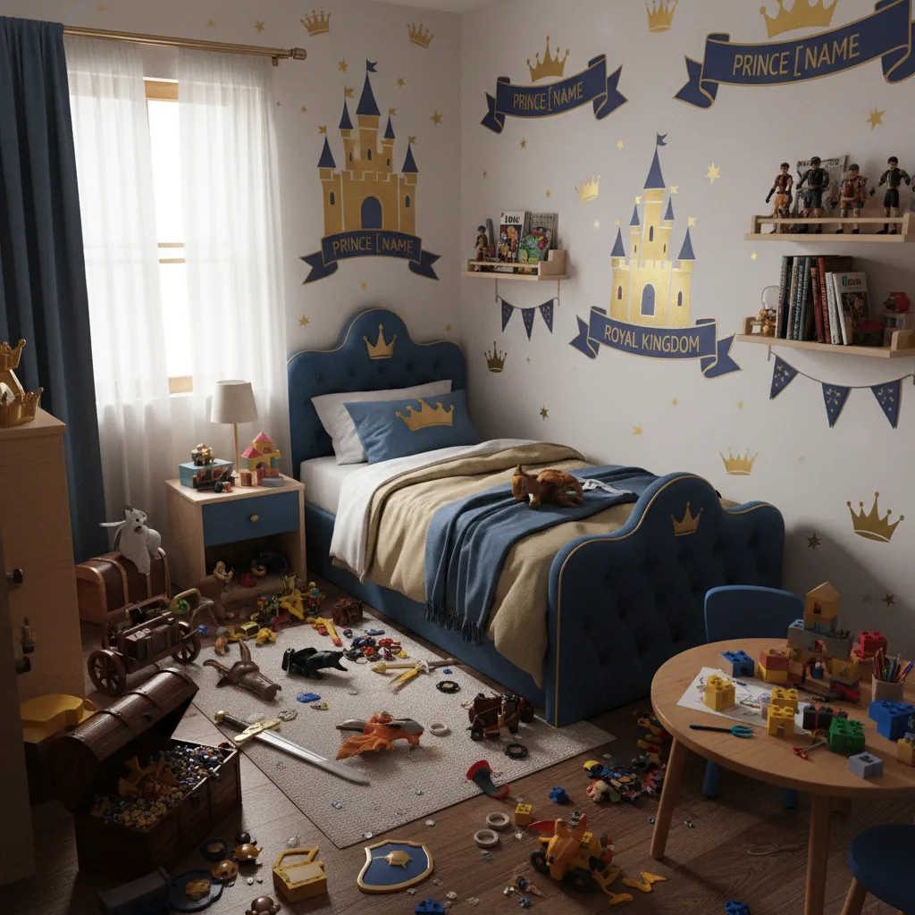 overdecorated small prince themed kids bedroom showing cluttered walls