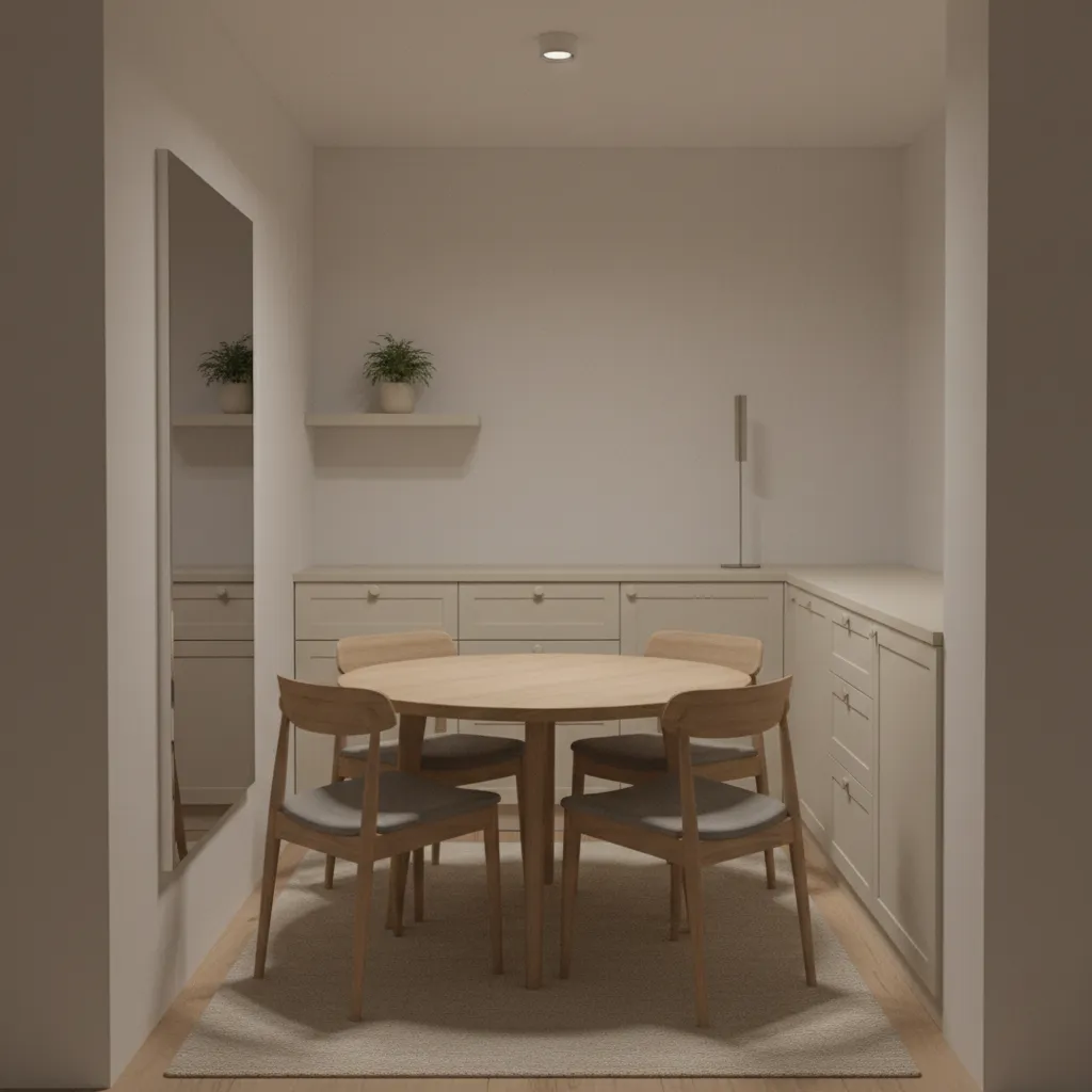 round dining table placed too close to surrounding furniture causing a crowded layout
