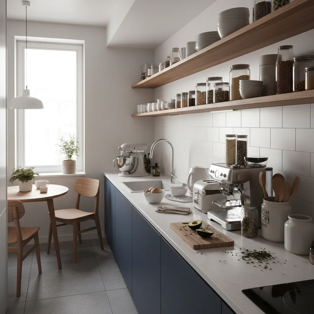 small apartment kitchen with cluttered countertops showing space problem