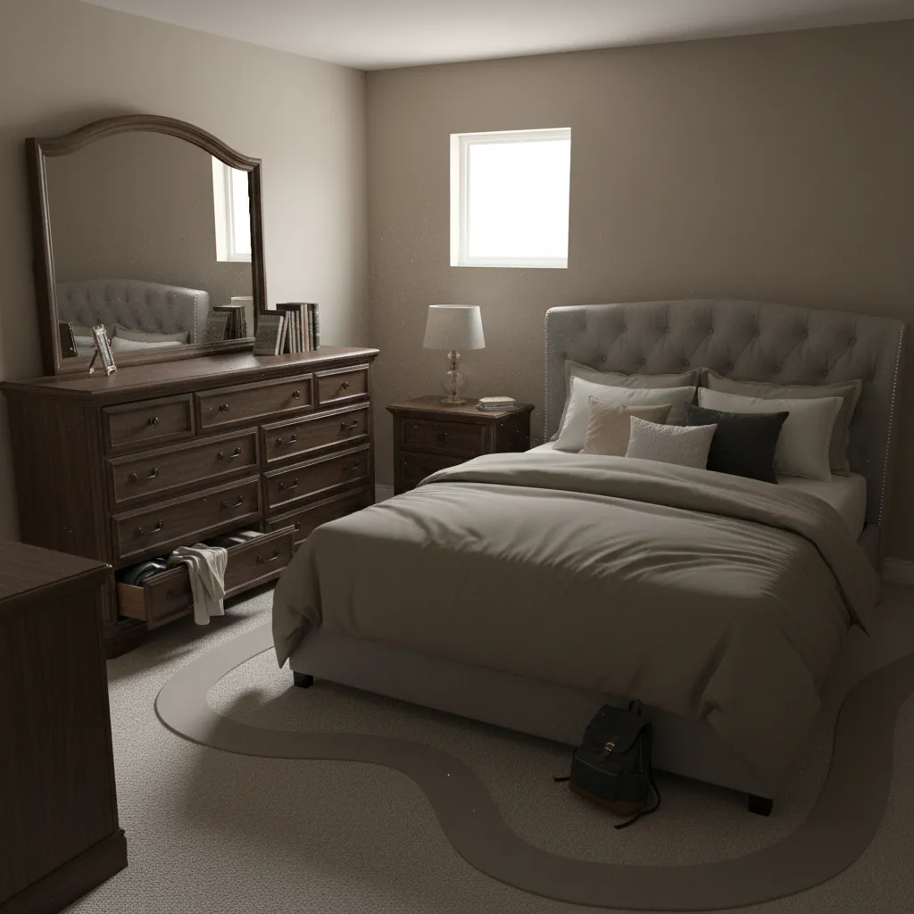 small 9x11 bedroom that feels crowded due to bulky furniture and tight walkways