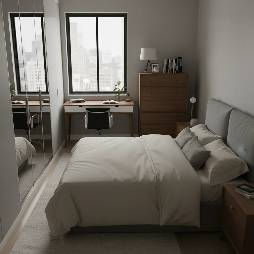 overcrowded small bedroom with too much furniture blocking space