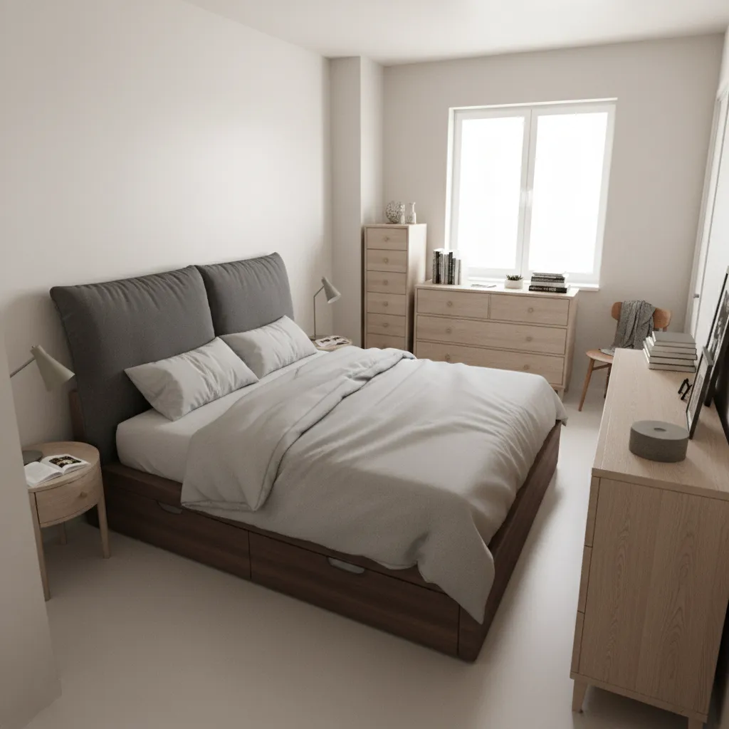 crowded 10 x 12 bedroom with too much furniture