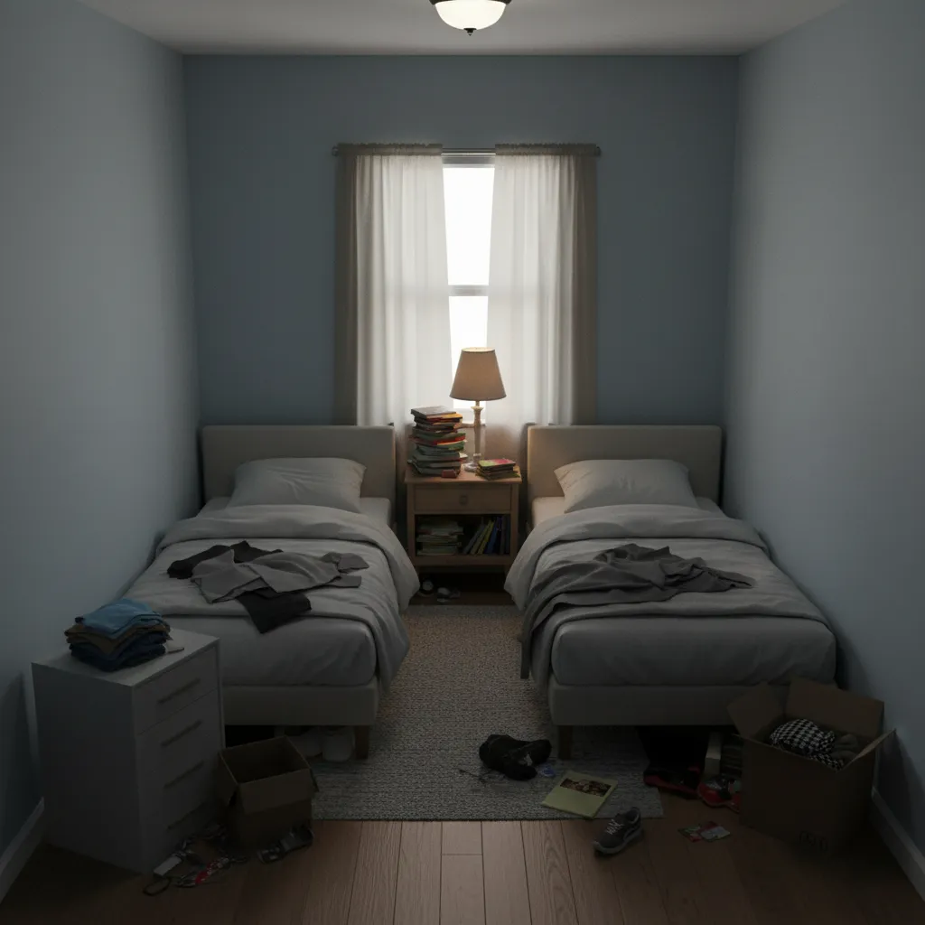 Overcrowded small bedroom with two beds blocking walking space