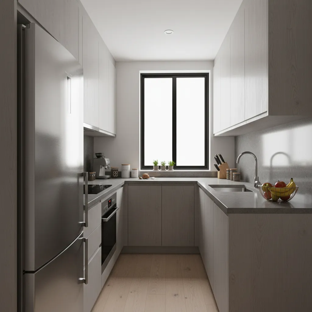 small 10 x 11 kitchen that feels crowded due to oversized cabinets and blocked walkway