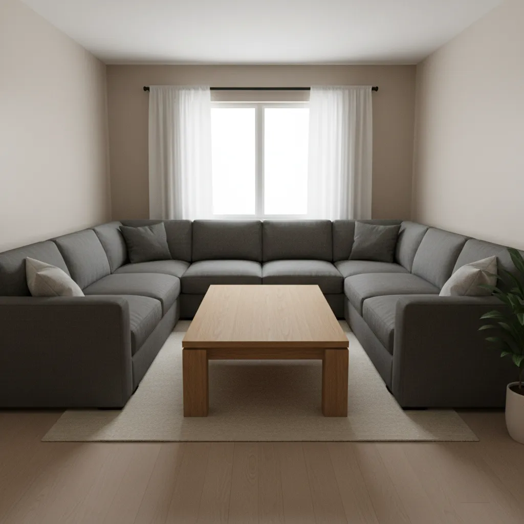 small living room overcrowded with oversized sofa and furniture blocking space
