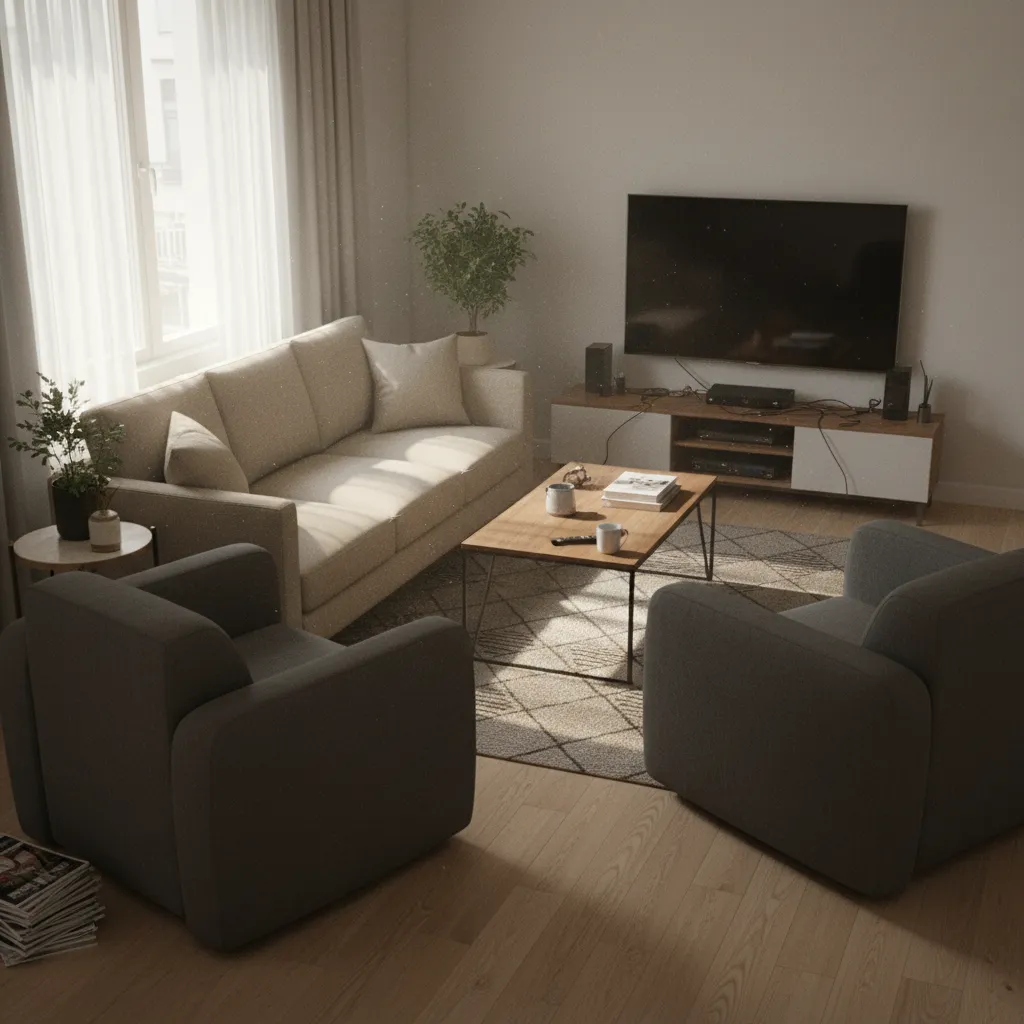 Crowded small living room with sofa and chairs blocking walking space