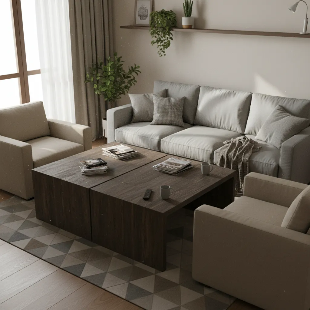 Small living room with two bulky coffee tables creating cramped walking space