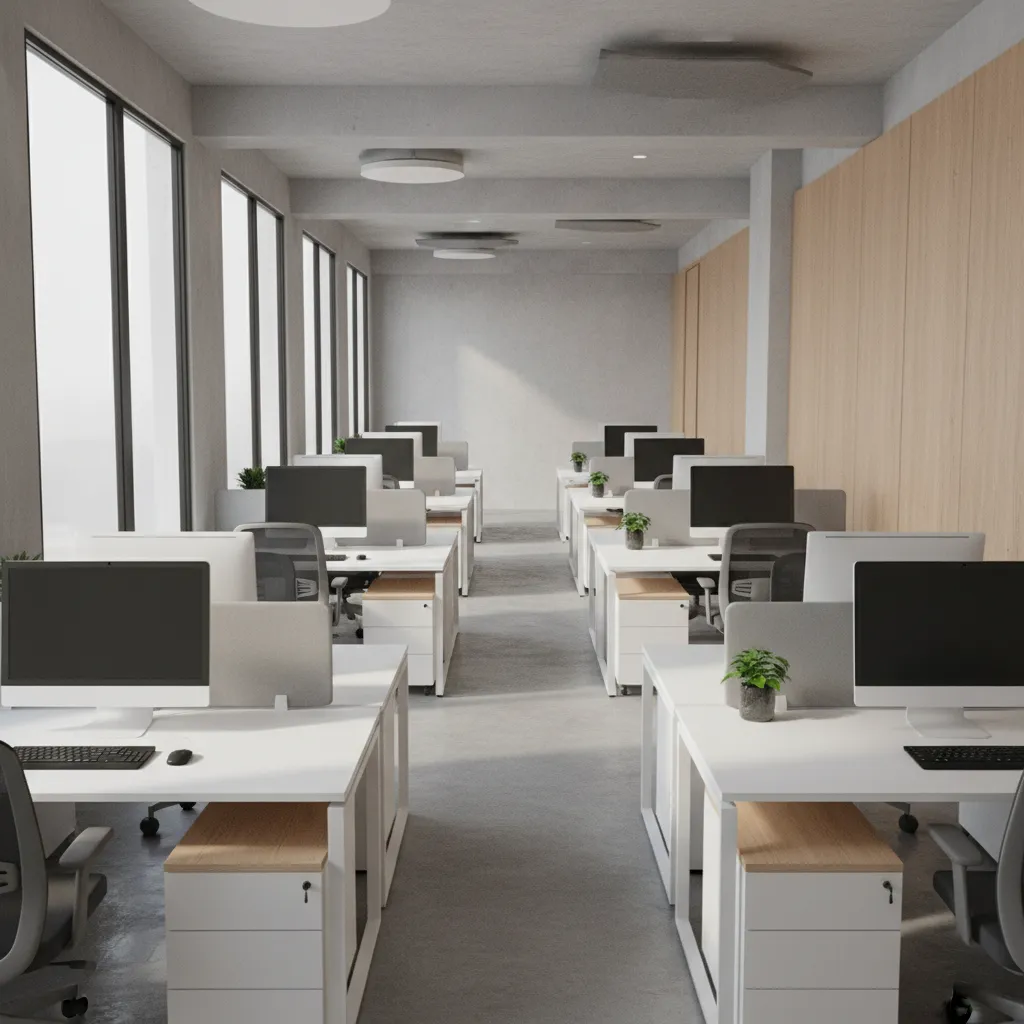 small office with overcrowded desks and limited circulation space