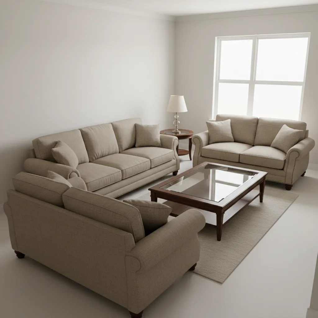 Small living room with three beige sofas placed around a dark wooden glass top table