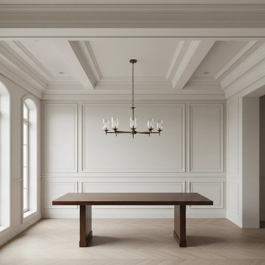 Dining room ceiling frame with crown molding and chandelier