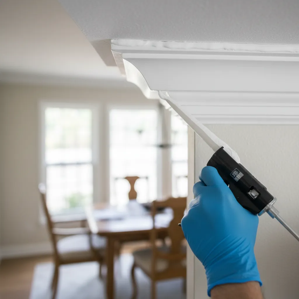 Applying caulk to fix crown molding gap at ceiling edge