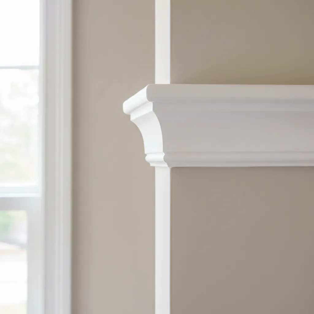 Close-up of properly coped crown molding corner joint