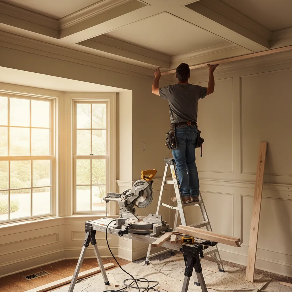 Carpenter installing crown molding along dining room ceiling