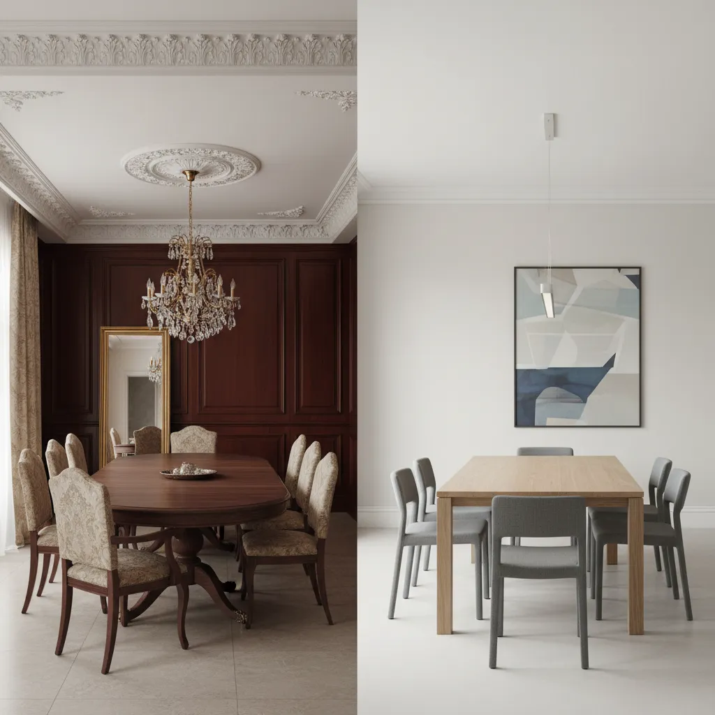 Comparison of traditional and modern crown molding styles in dining rooms