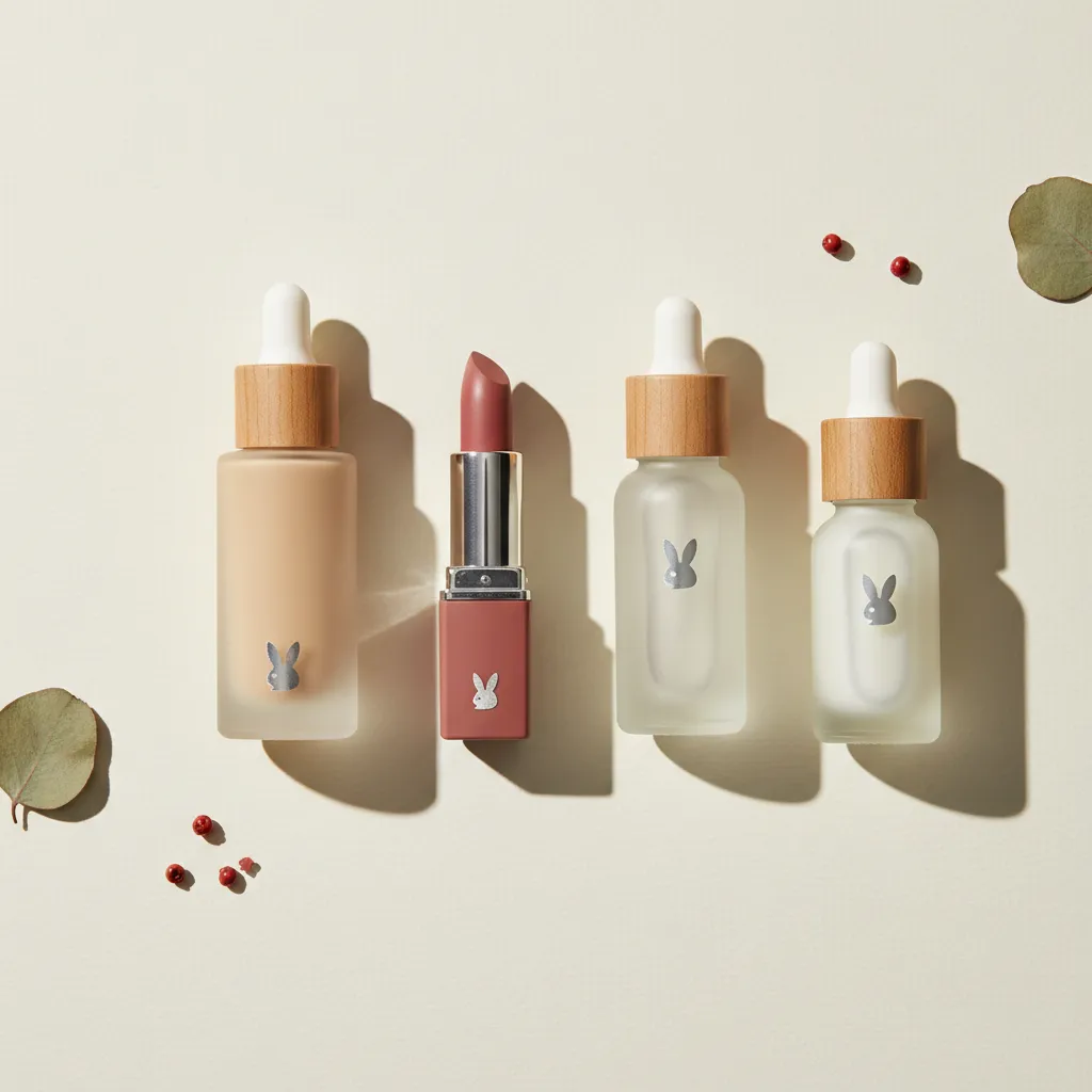 Flat lay of cruelty‑free makeup products with bunny certification symbol
