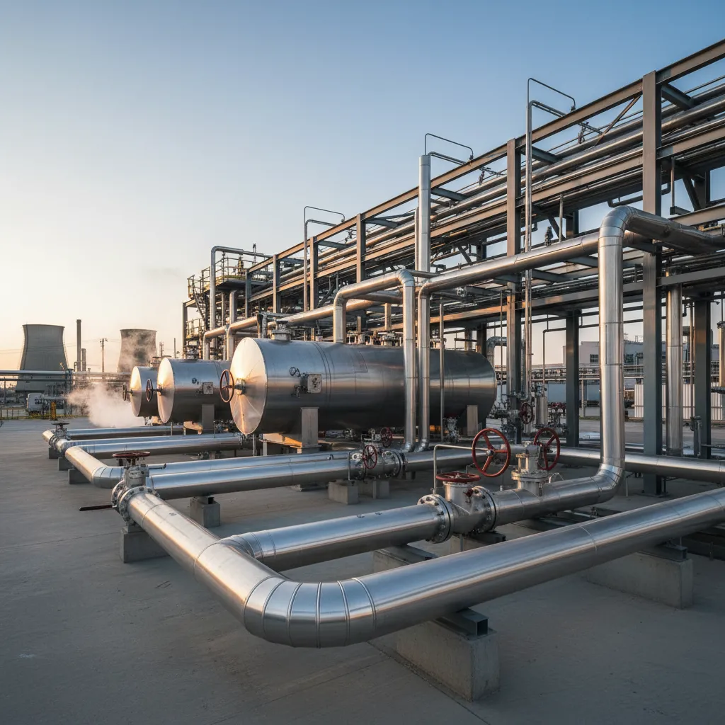 Equipos criogénicos instalados en una planta industrial con tuberías y válvulas
