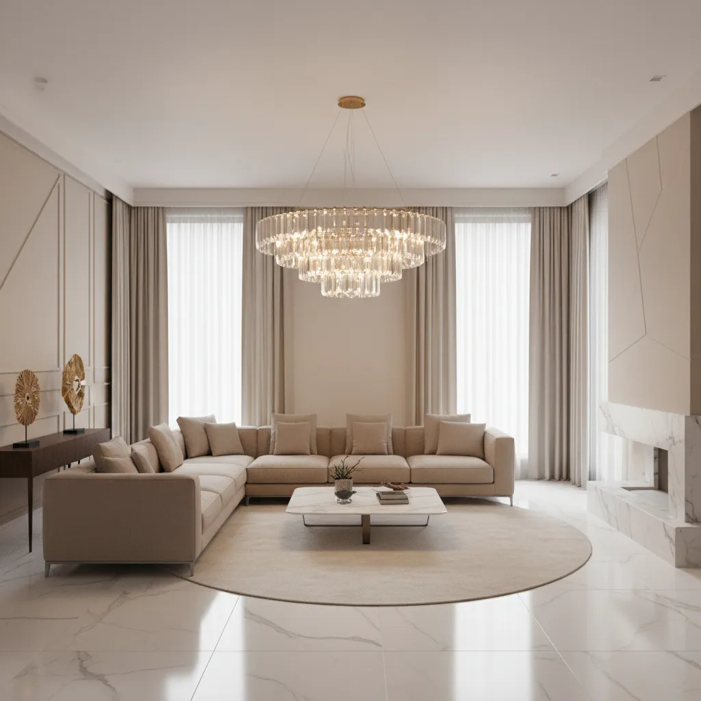 Crystal jhoomar chandelier installed in a modern living room