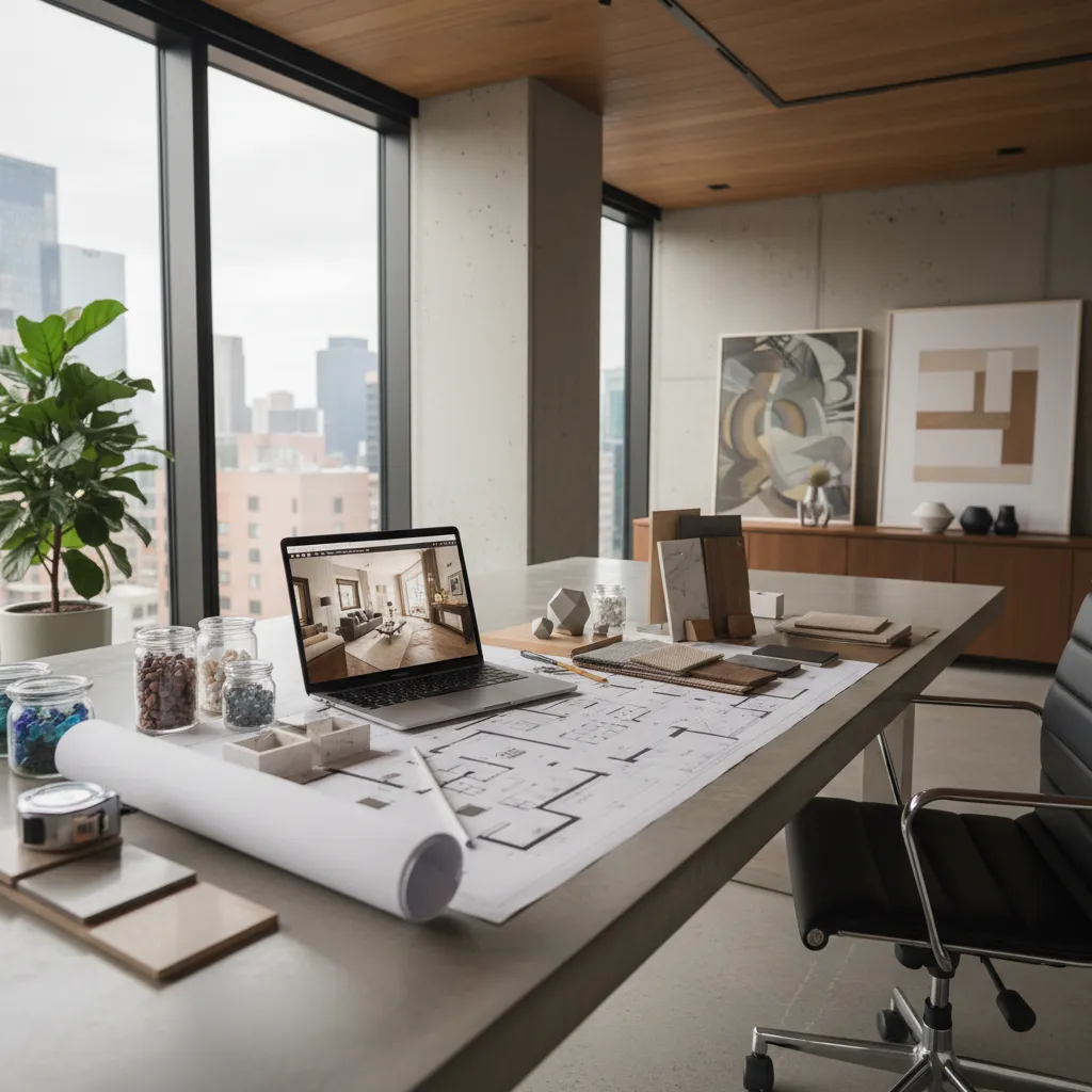 Modern designer desk with city view, laptop, room layout drawing, and various material design samples