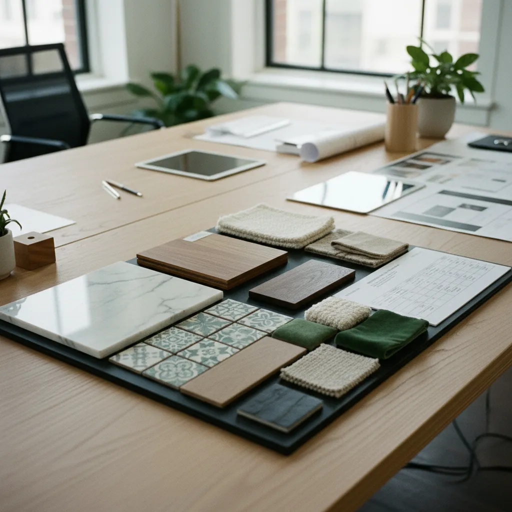 A wooden table displaying several interior design samples including marble wood tiles and colored fabric