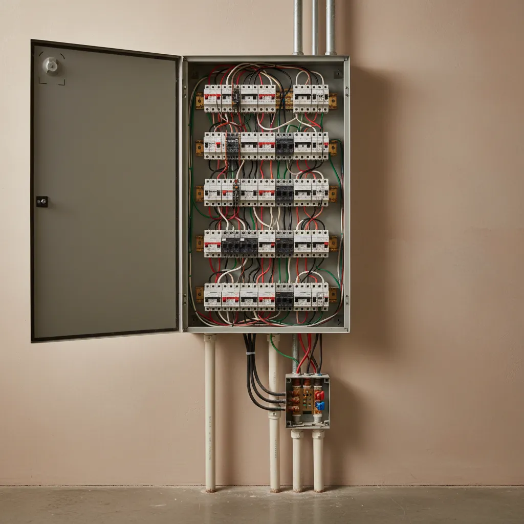 Open metal electrical box on beige wall showing many switches and colored wires for home electricity