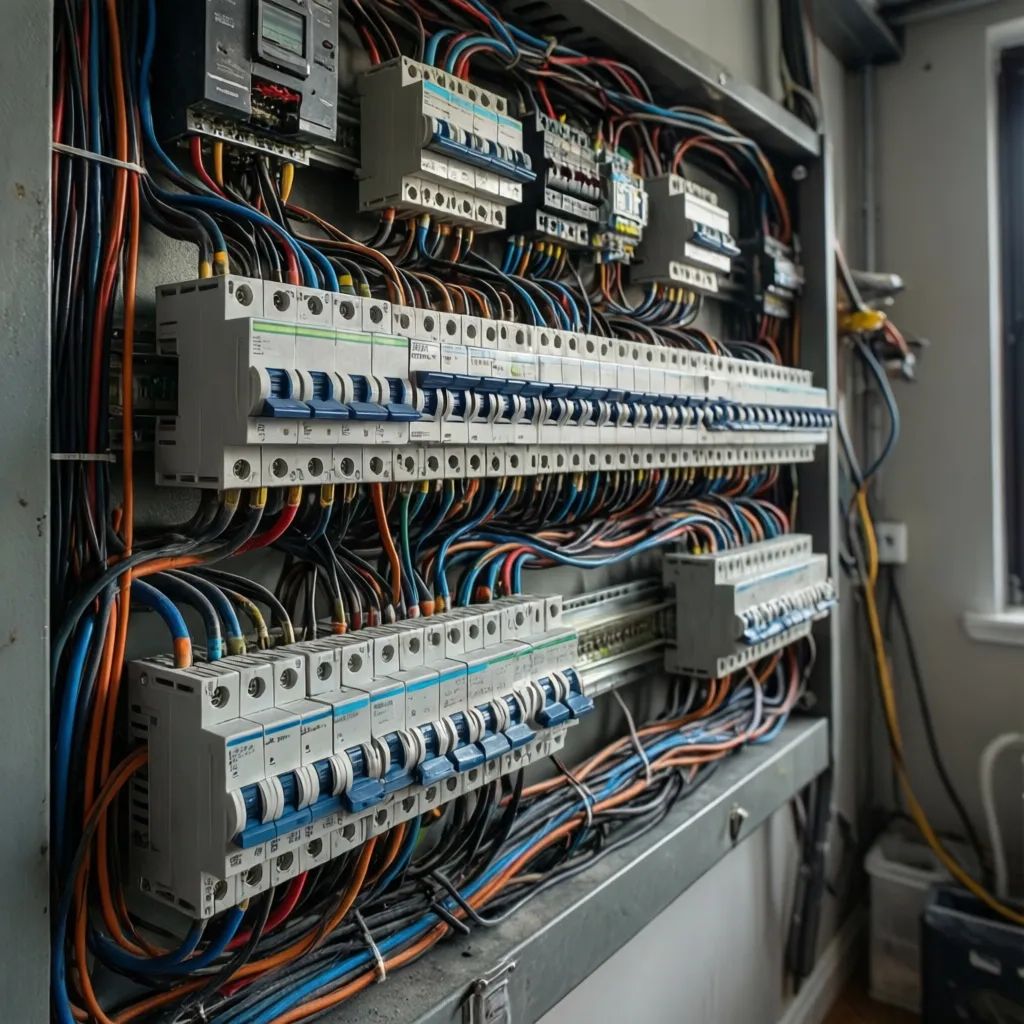 Cuadro eléctrico doméstico con interruptores automáticos organizados