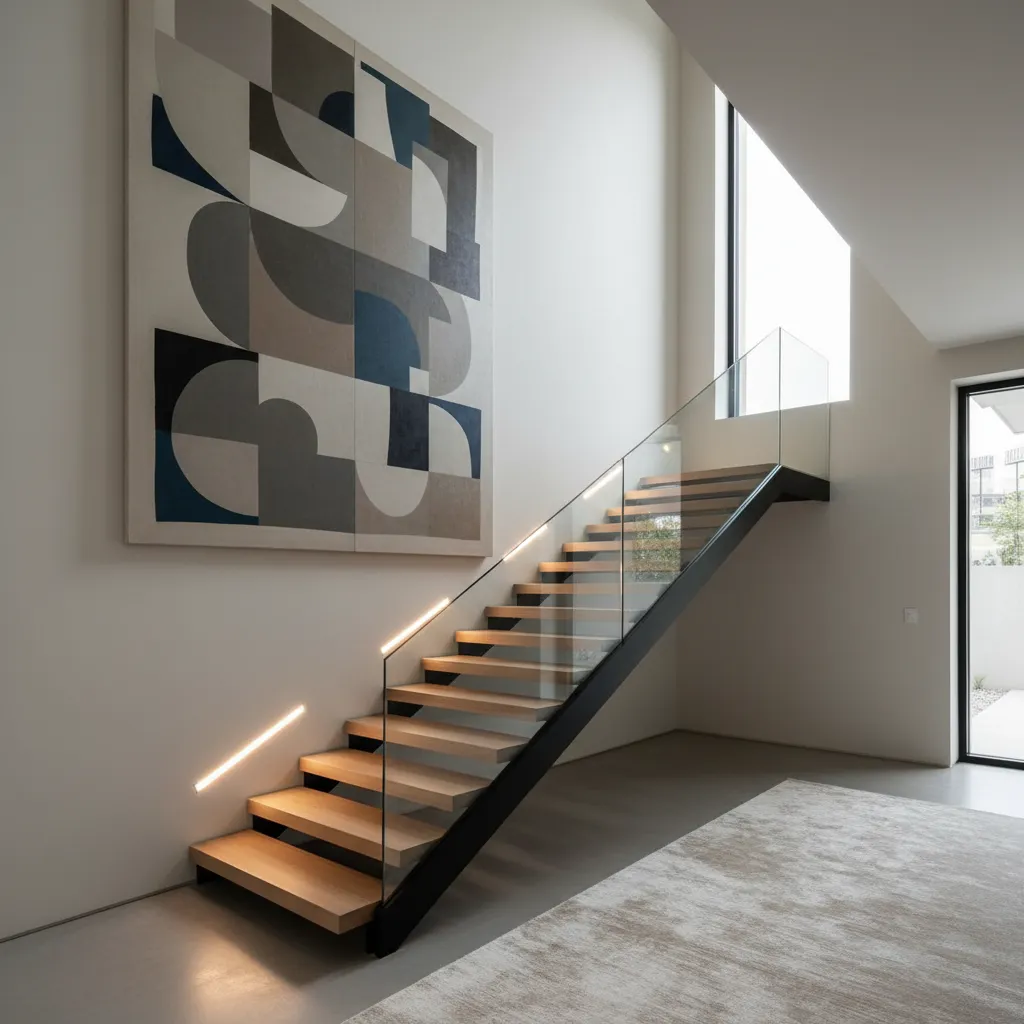 Modern wooden staircase with glass railing and integrated lights and large abstract art on wall