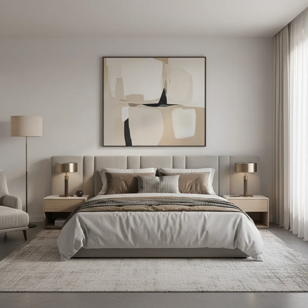 Modern bedroom with large abstract painting over bed with gold lamps and a textured rug