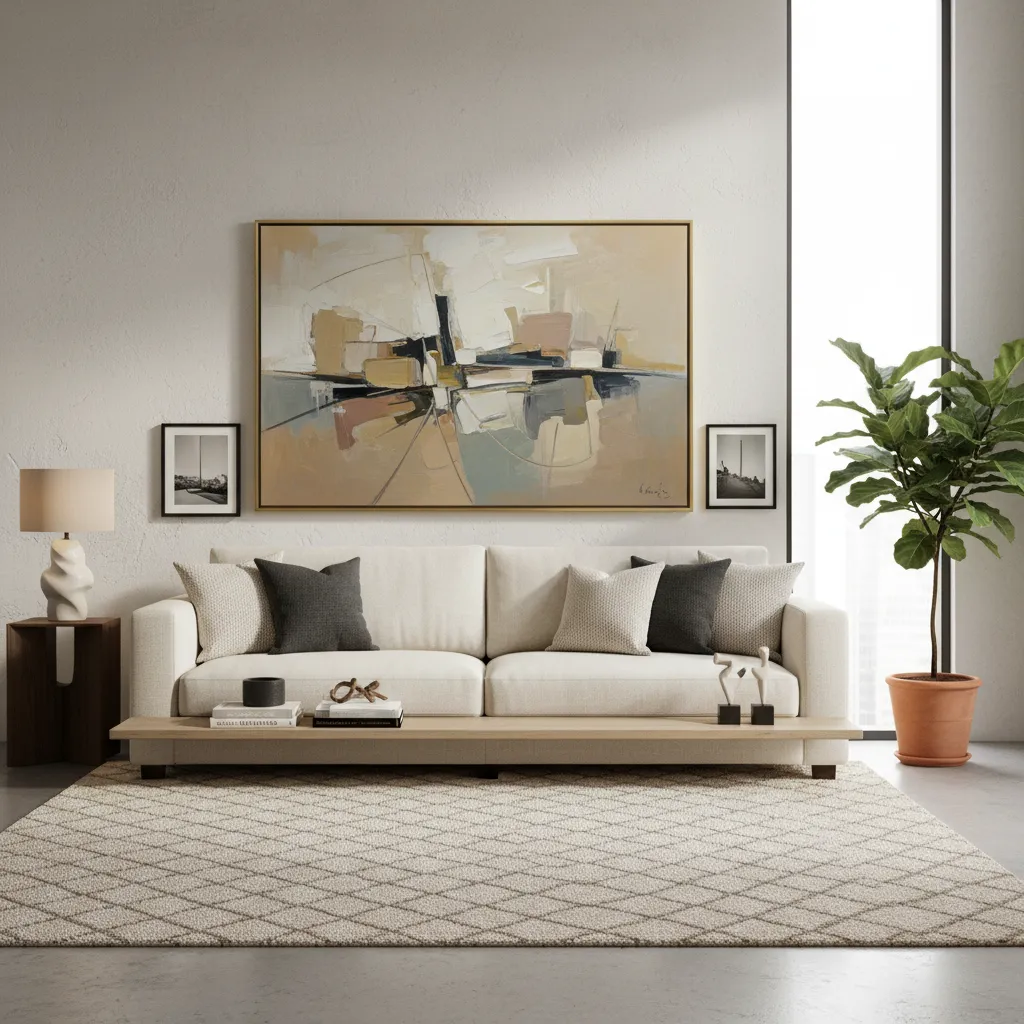 Large abstract painting hanging above white sofa with grey cushions on a patterned floor rug