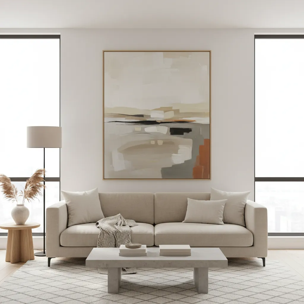 Gran cuadro abstracto colocado encima de un sofá en un salón moderno